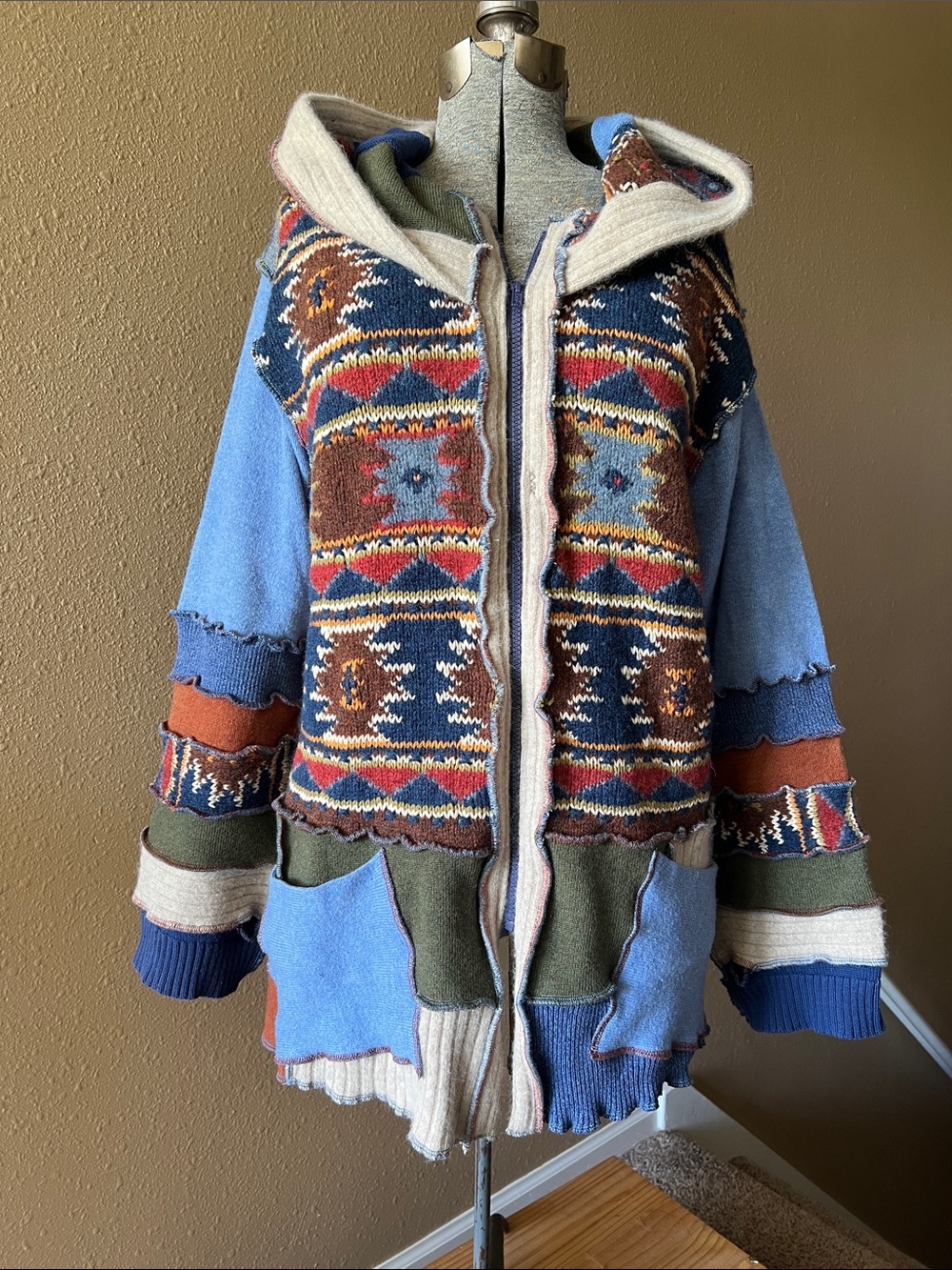 Patchwork Hooded Zip Cardigan Sweater in Blue, Brown & Olive